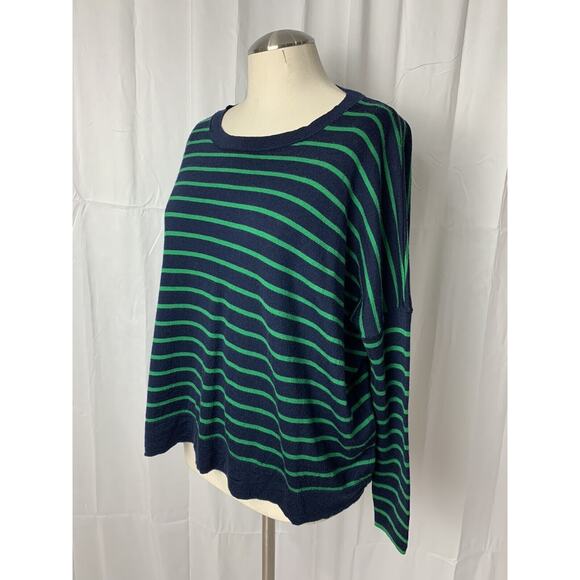 J Crew Women's Oversized Blue Green Striped Long Sleeve Wool Sweater S Preppy - Picture 2 of 7